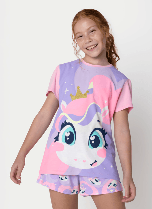 Pijama Manga Curta Viscolycra Menina Teen Unicórnio Diamante