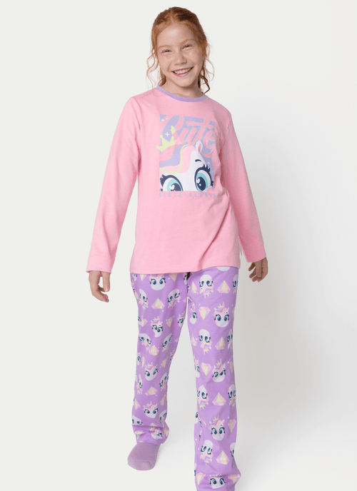 Pijama Manga Longa Menina Teen Unicórnio Diamante