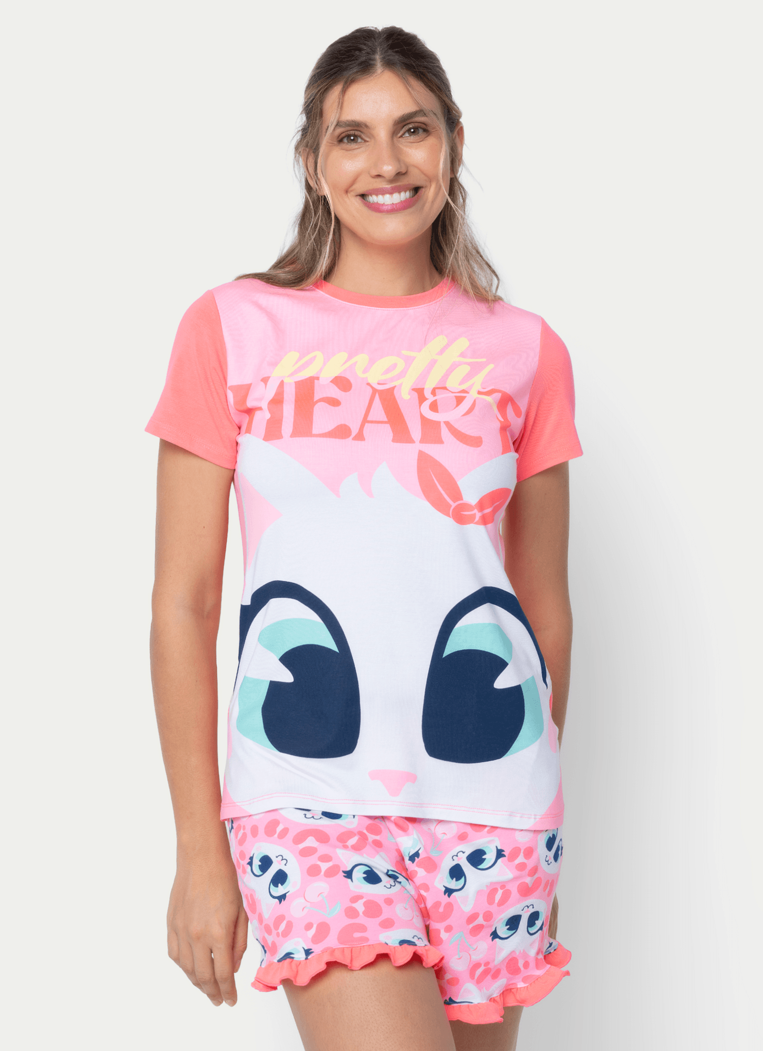 Pijama-Manga-Curta-Viscolycra-Feminino-Gata-Cereja