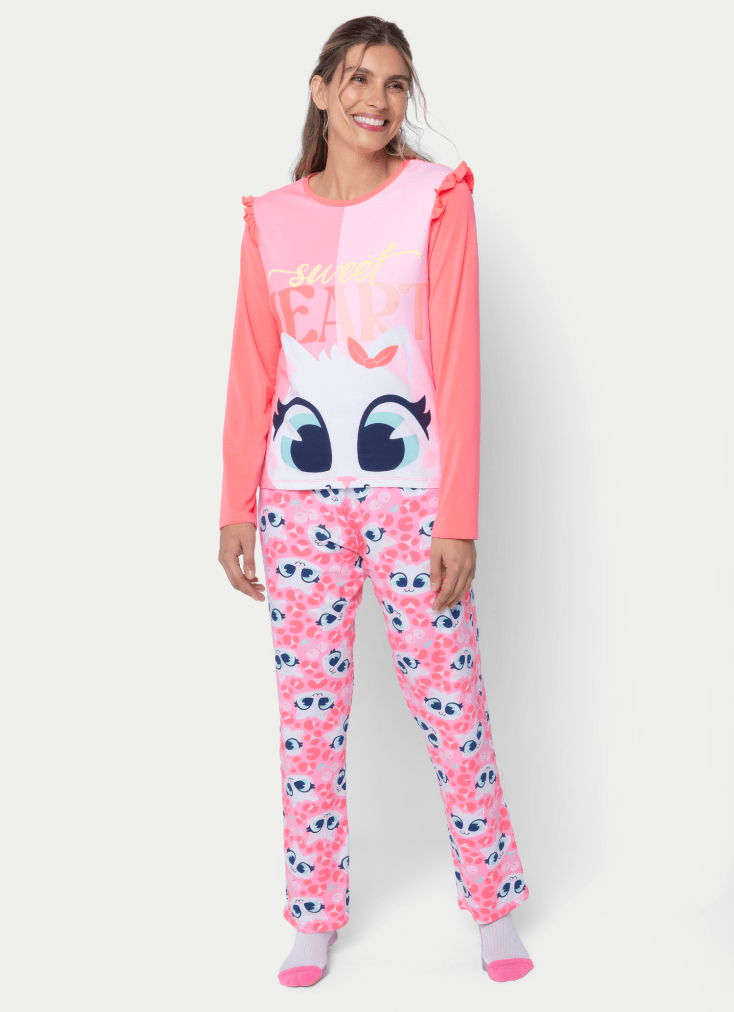 Pijama-Manga-Longa-Viscolycra-Feminino-Gata-Cereja