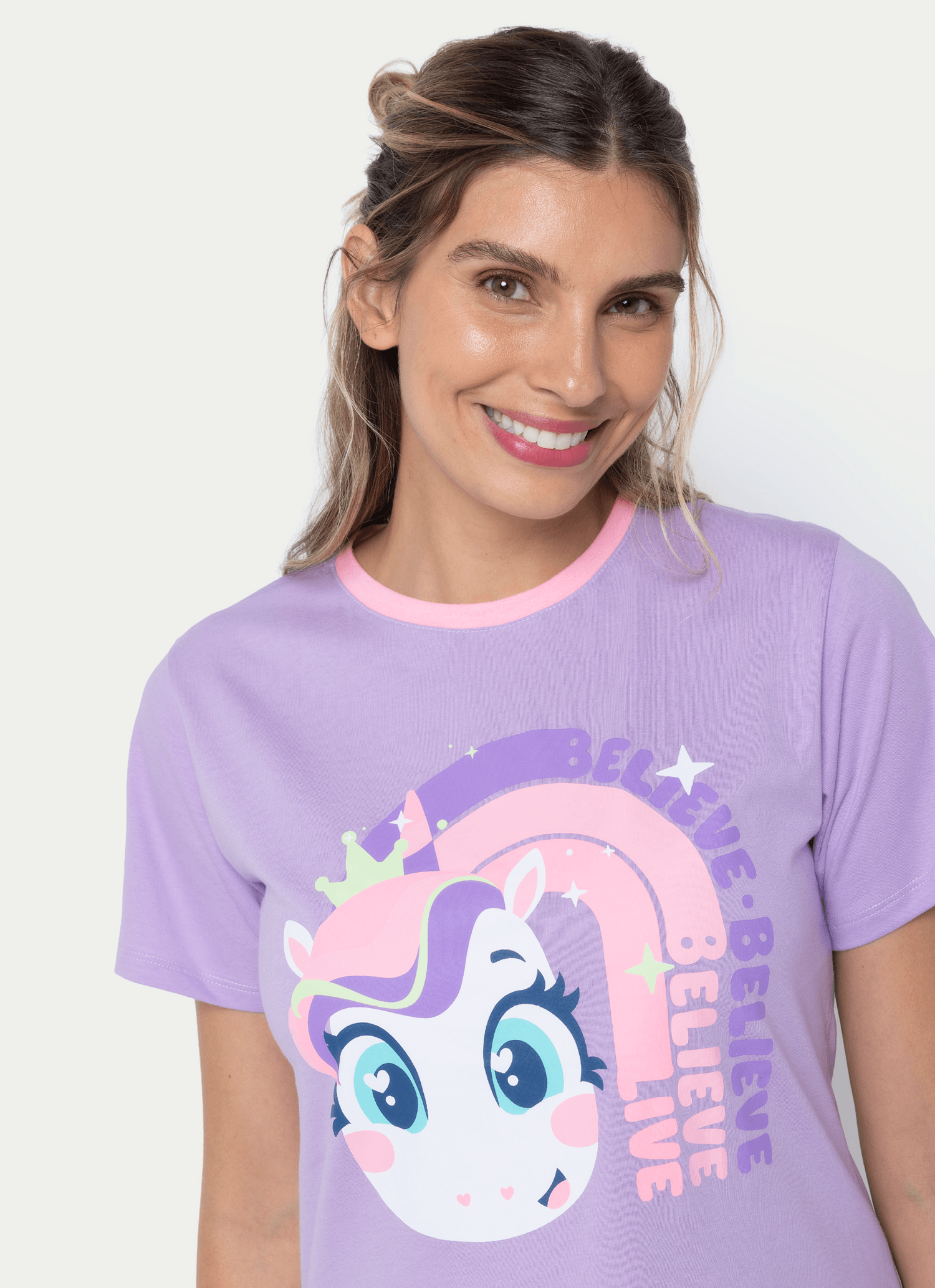 Camisola-Manga-Curta-Algodao-Feminina-Unicornio-Diamante
