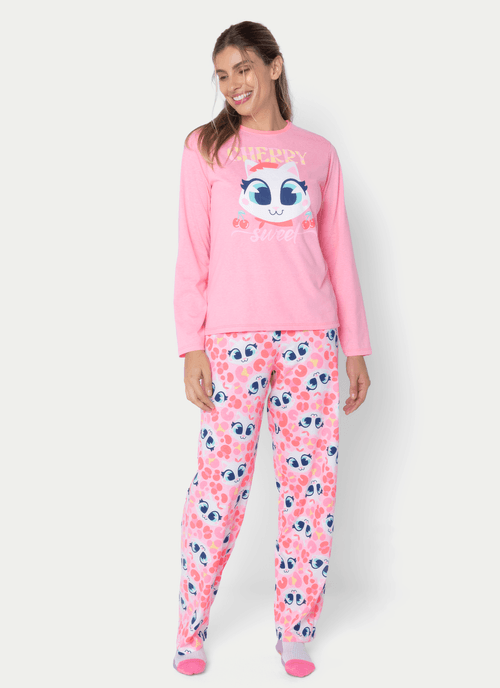 Pijama Manga Longa Feminino Gata Cereja
