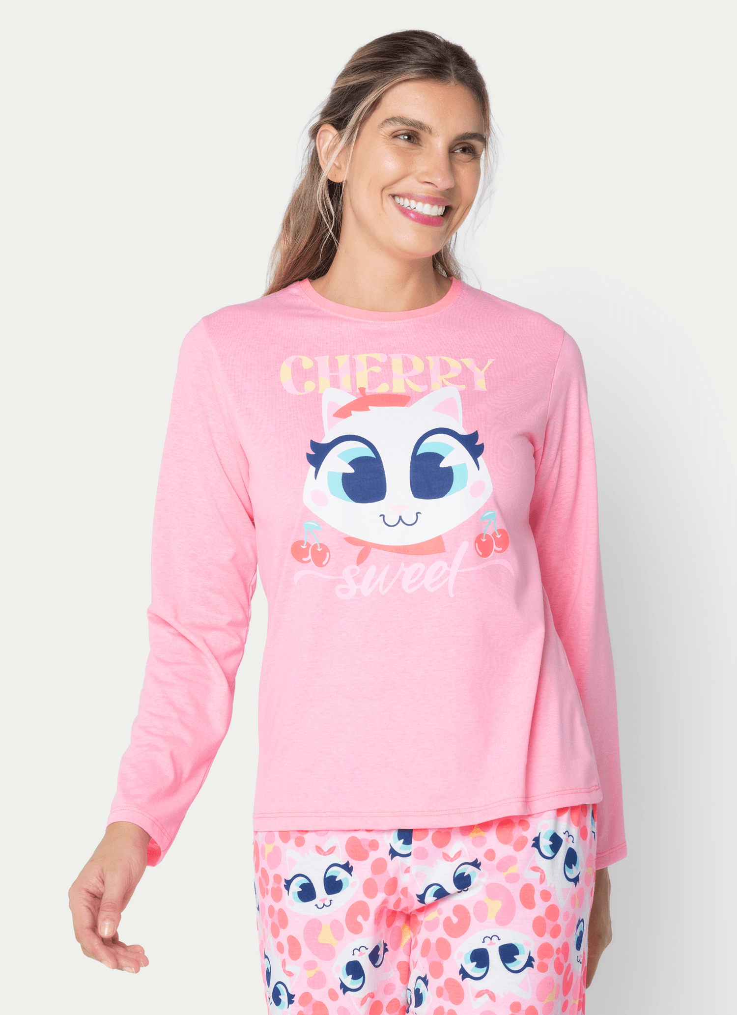 Pijama-Manga-Longa-Feminino-Gata-Cereja