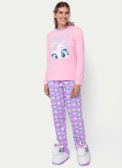 Pijama Manga Longa Feminino Unicórnio Diamante