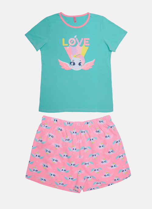 Pijama Manga Curta Algodão Feminino Unicórnio Love