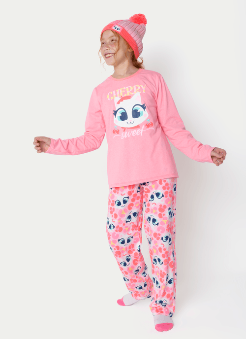 Pijama Manga Longa Menina Teen Gata Cereja