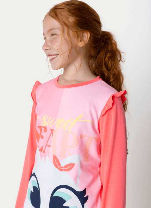 Pijama Manga Longa Viscolycra Menina Teen Gata Cereja