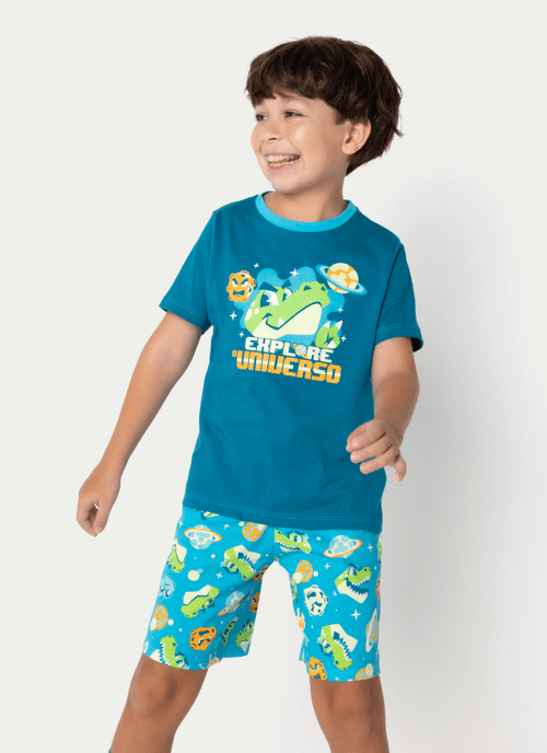 Pijama Manga Curta Algodão Menino Dino Astronauta