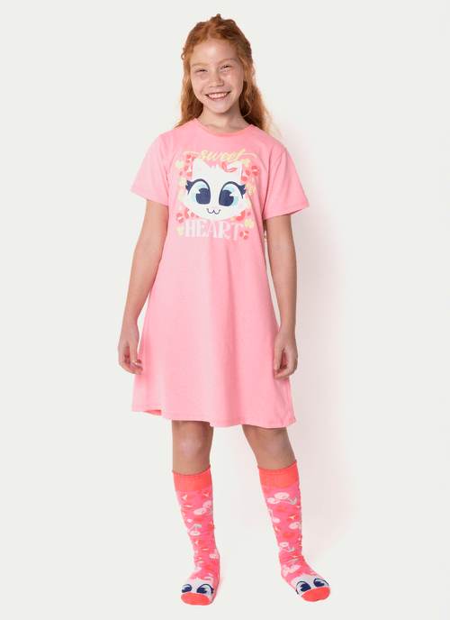 Camisola Manga Curta Menina Teen Gata Cereja