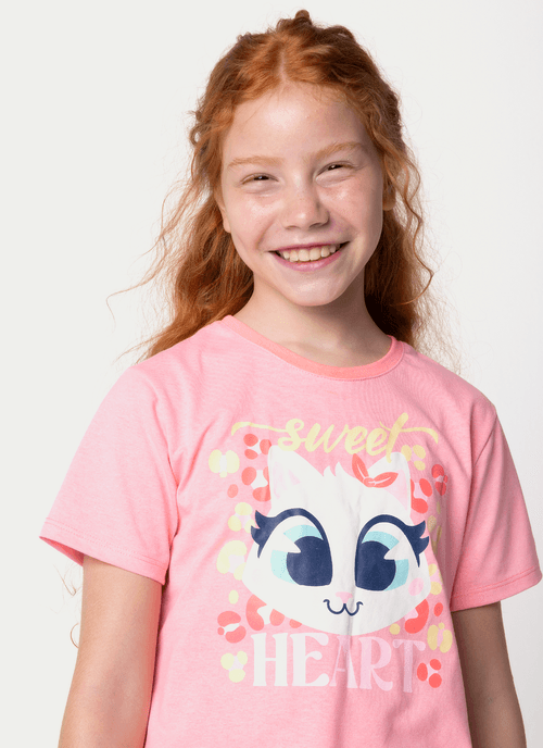 Camisola Manga Curta Menina Teen Gata Cereja