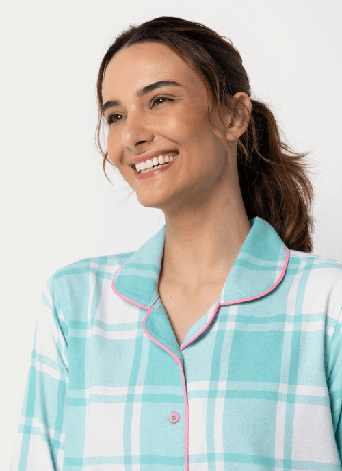 Camisola Manga Longa Algodão Feminino Xadrez