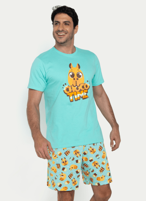 Pijama Manga Curta Algodão Masculino Capivara Chocolate