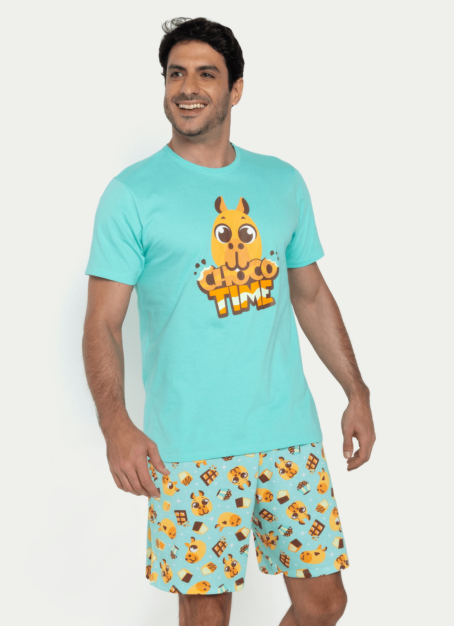 Pijama-Manga-Curta-Algodao-Masculino-Capivara-Chocolate