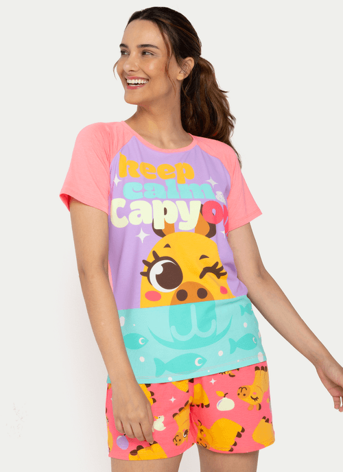 Pijama Manga Curta Viscolycra Feminino Capivara Vibes