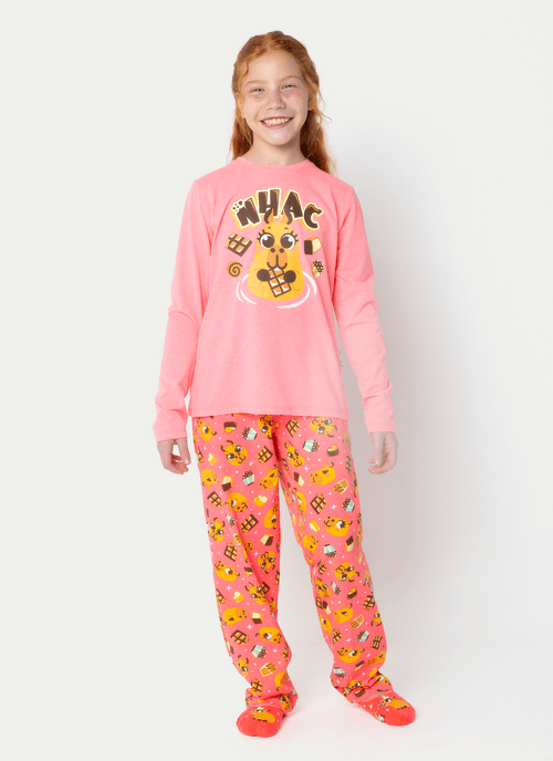 Pijama Manga Longa Menina Teen Capivara Chocolate