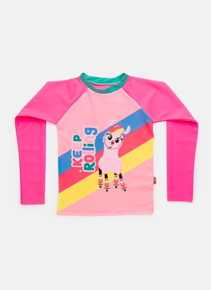 Camiseta-Praia-Com-Protecao-Solar-Menina-Lhama-Retro