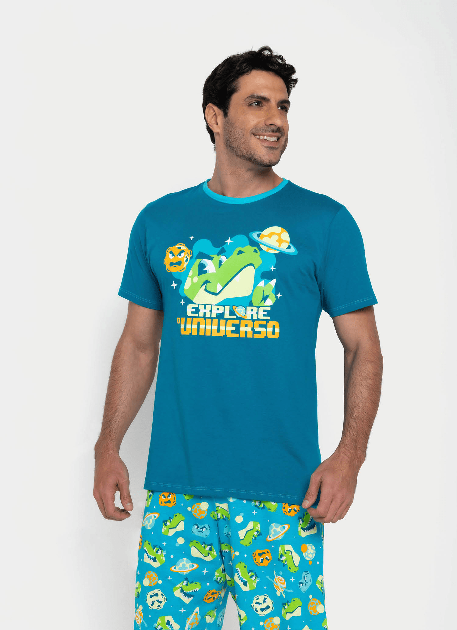 Pijama-Manga-Curta-Algodao-Masculino-Dino-Astronauta