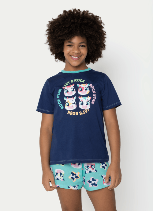 Pijama Manga Curta Algodão Menina Teen Vaca Moosic