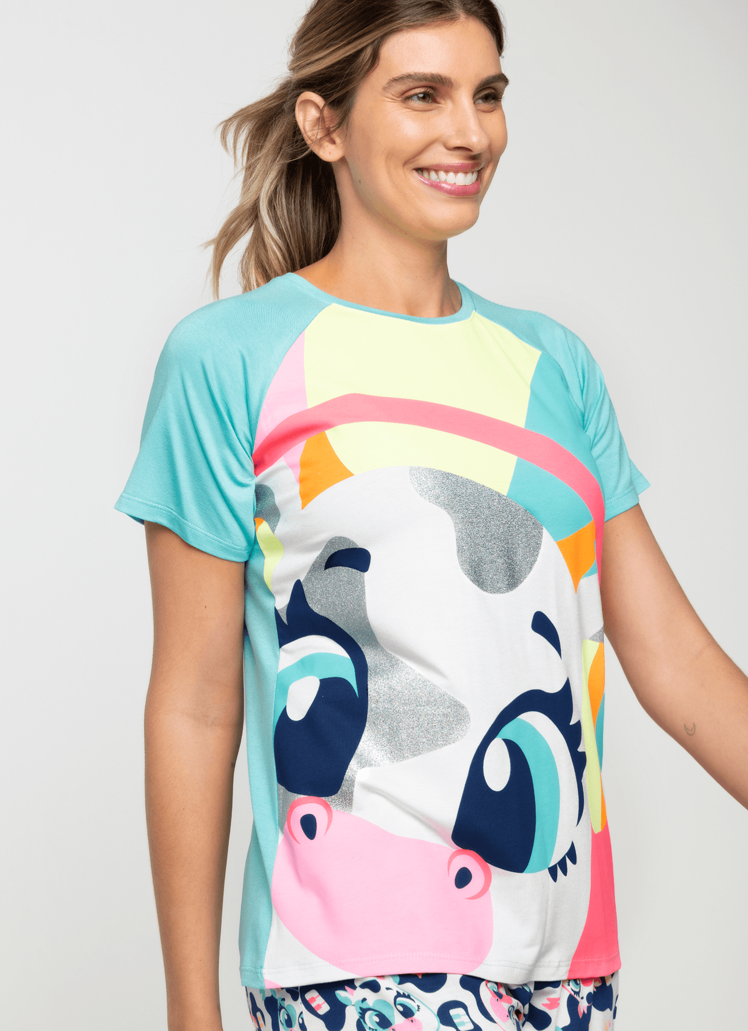 Pijama-Manga-Curta-Viscolycra-Feminino-Vaca-Moosic