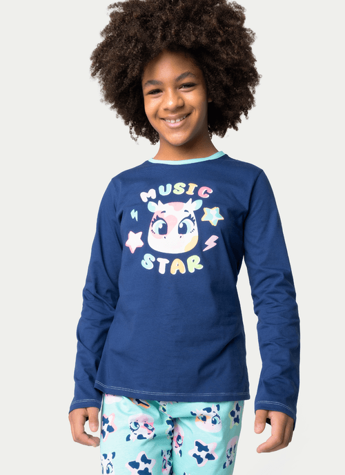 Pijama Manga Longa Algodão Menina Teen Vaca Moosic