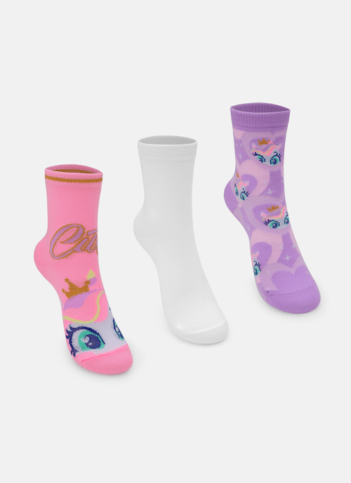 Kit com 3 Meias Soquete Menina Unicórnio Diamante