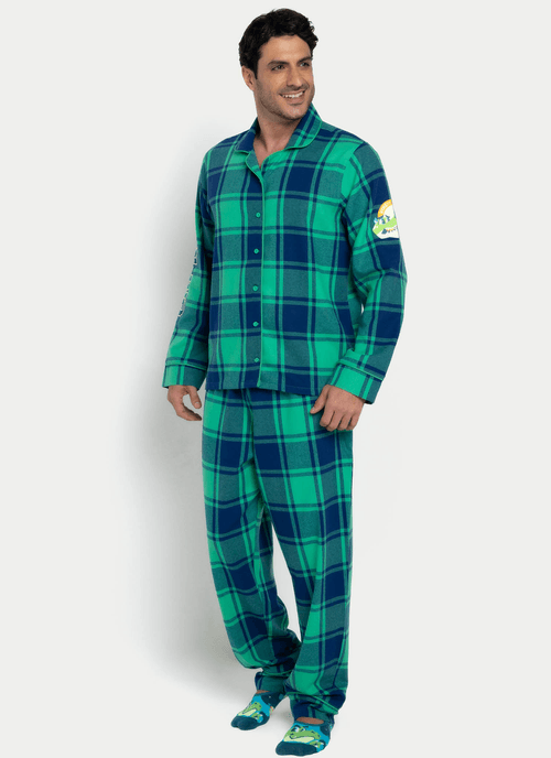 Pijama Manga Longa Flanela Masculino Dino Astronauta
