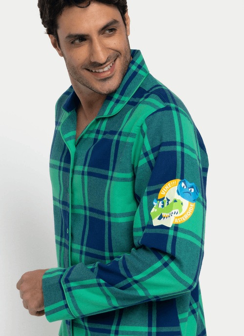 Pijama Manga Longa Flanela Masculino Dino Astronauta