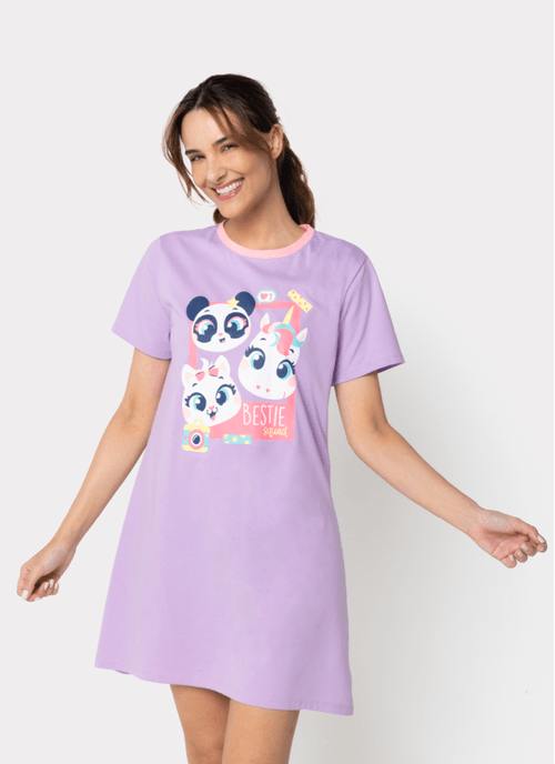 Camisola Manga Curta Algodão Feminino Multibichos Best Friend