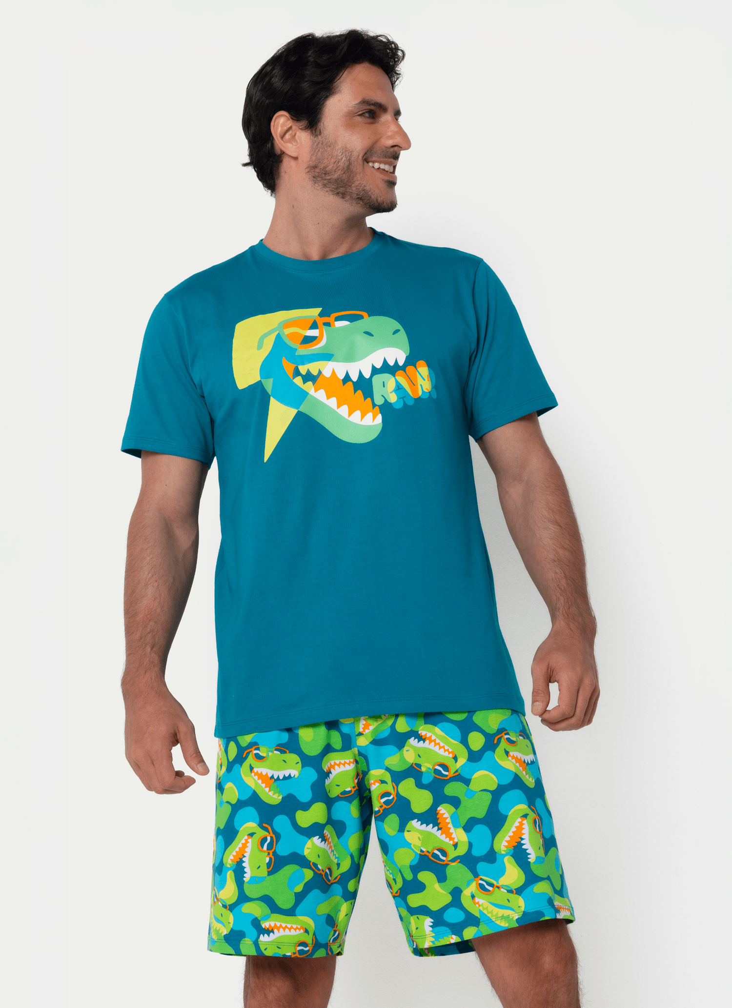 Pijama-Manga-Curta-Algodao-Masculino-Dino