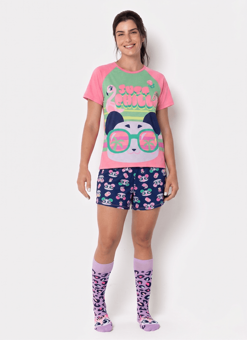 Pijama Manga Curta Viscolycra Feminino Panda Miami