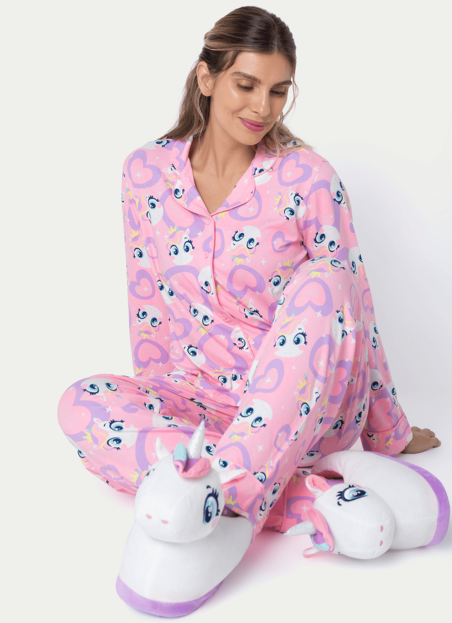 Pijama-Manga-Longa-Viscose-Feminino-Unicornio-Diamante