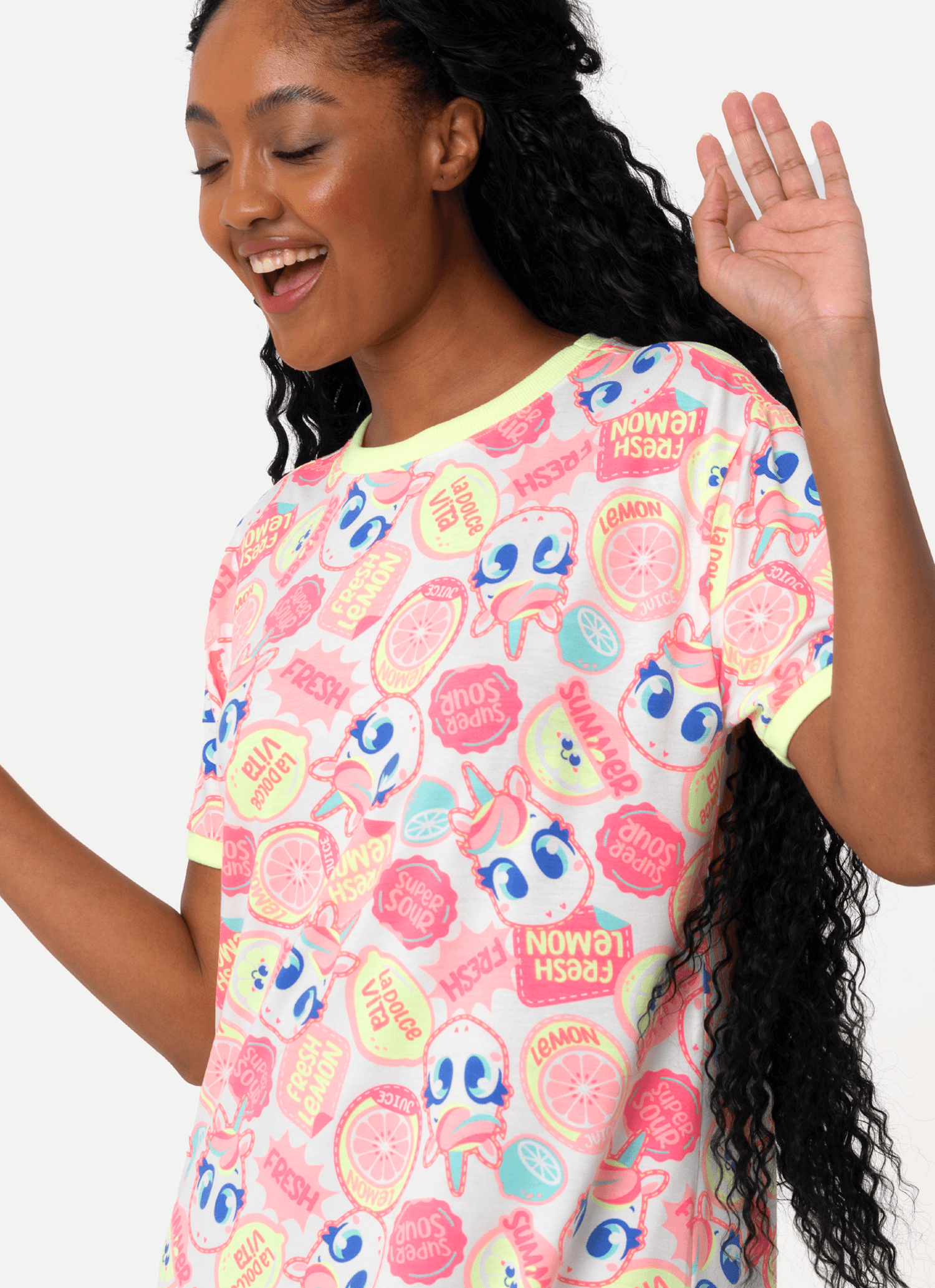 Camisola-Manga-Curta-Viscolycra-Feminina-Unicornio-Frutas
