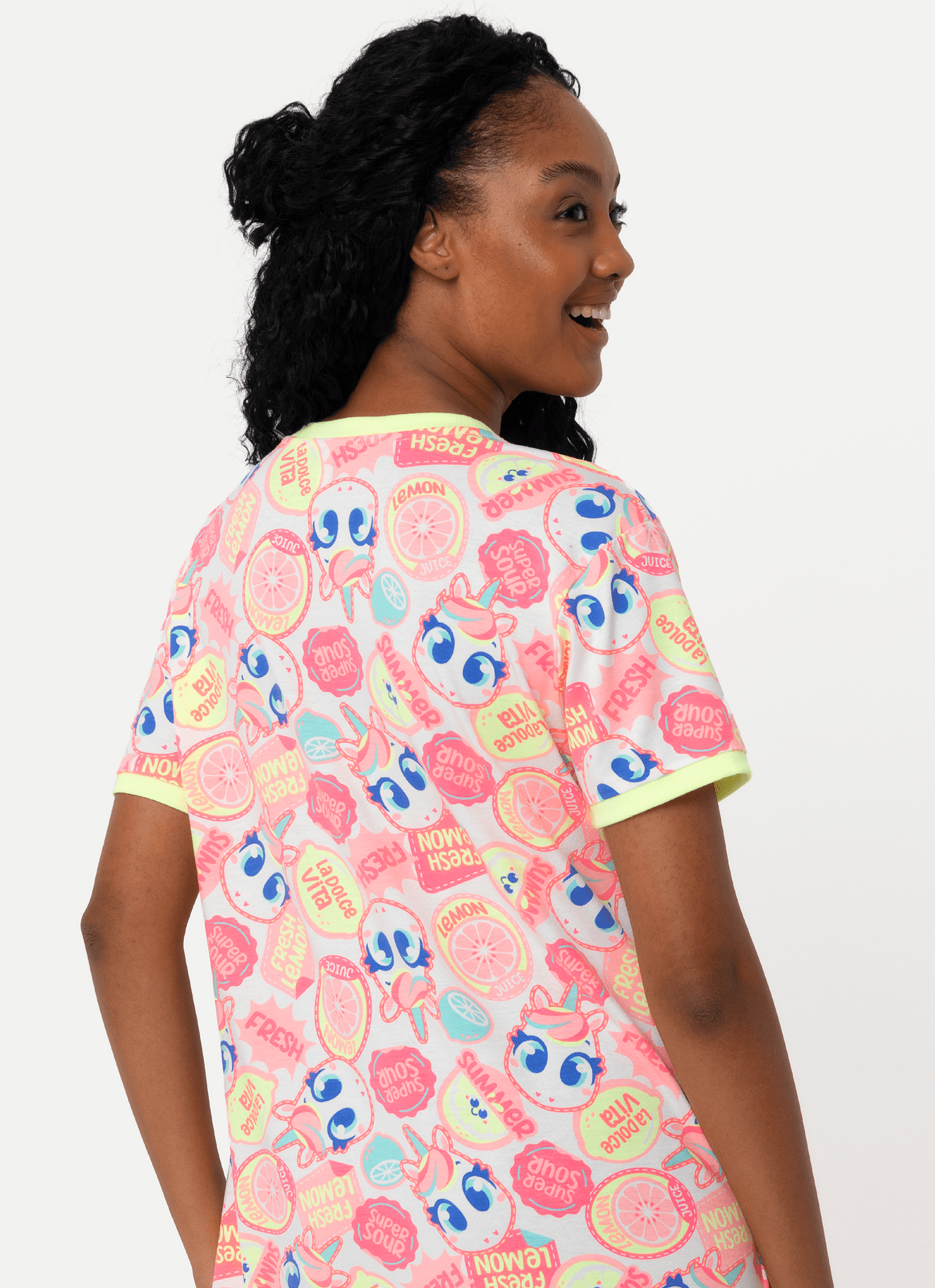 Camisola-Manga-Curta-Viscolycra-Feminina-Unicornio-Frutas