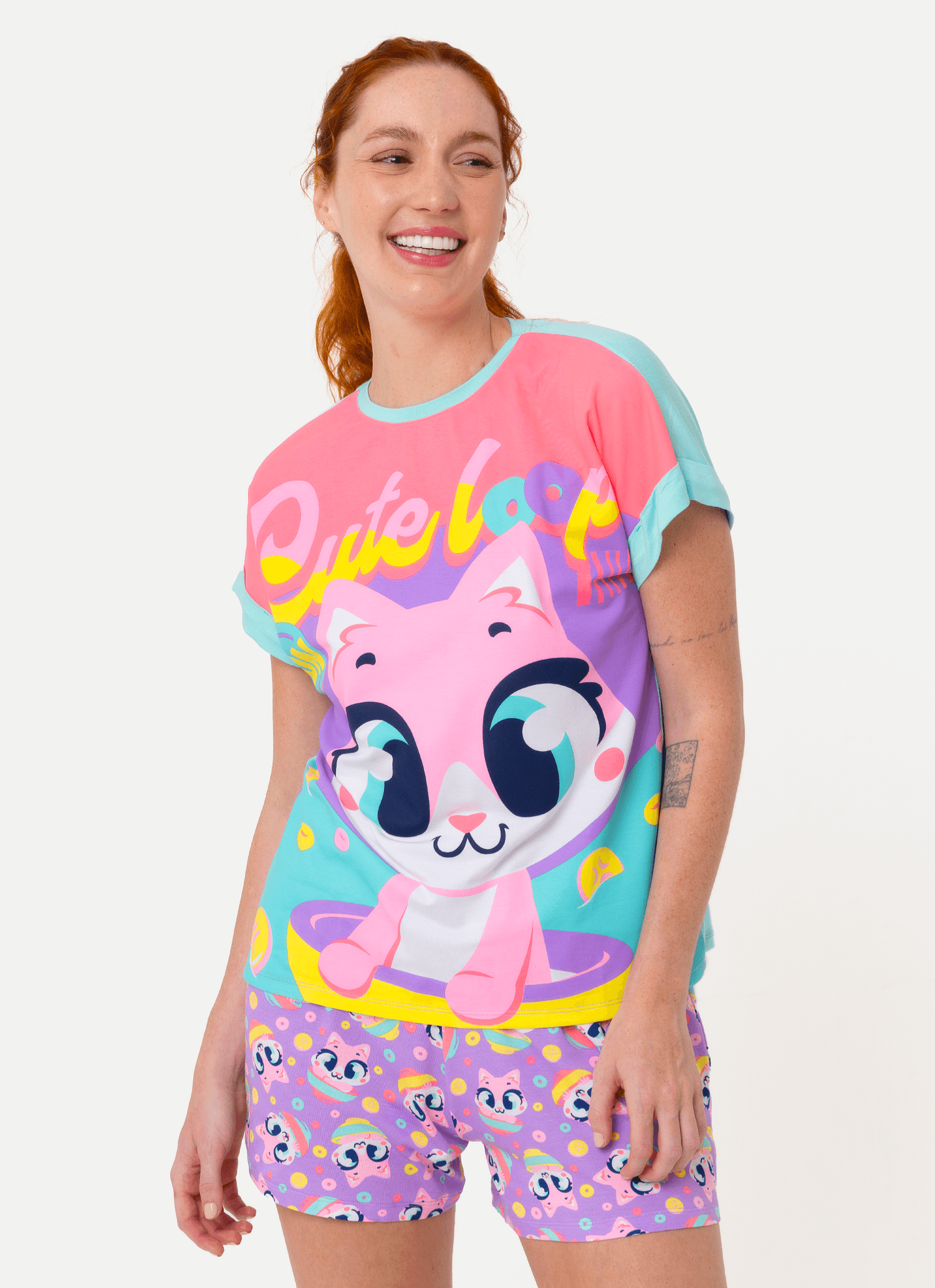 Pijama-Manga-Curta-Viscolycra-Feminino-Gata-Cereal