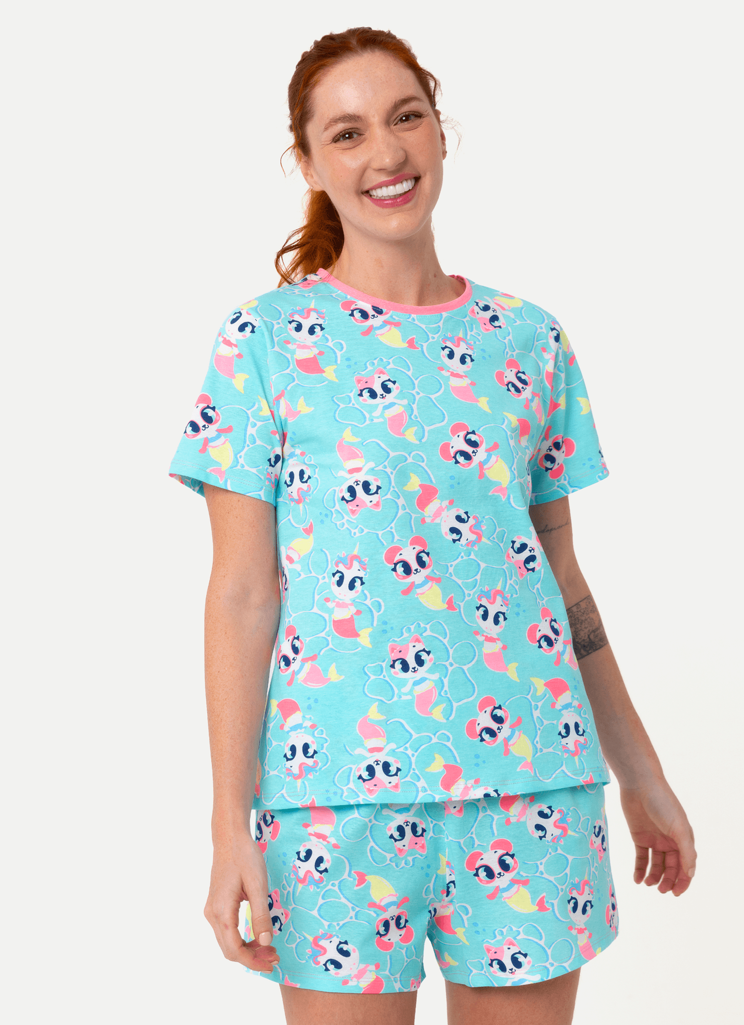 Pijama-Manga-Curta-Algodao-Feminino-Multibichos-Sereia