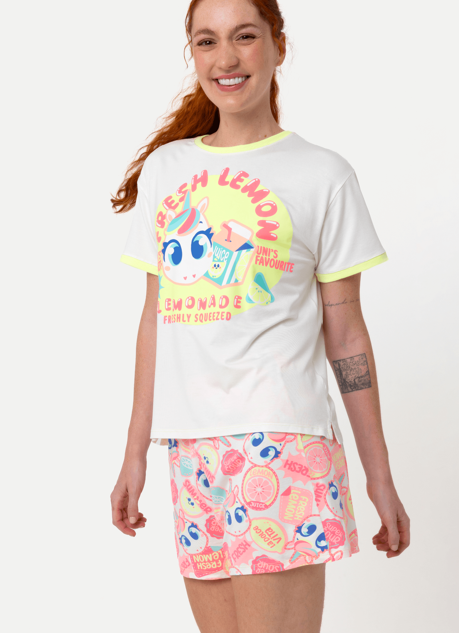 Pijama-Manga-Curta-Viscolycra-Feminino-Unicornio-Frutas