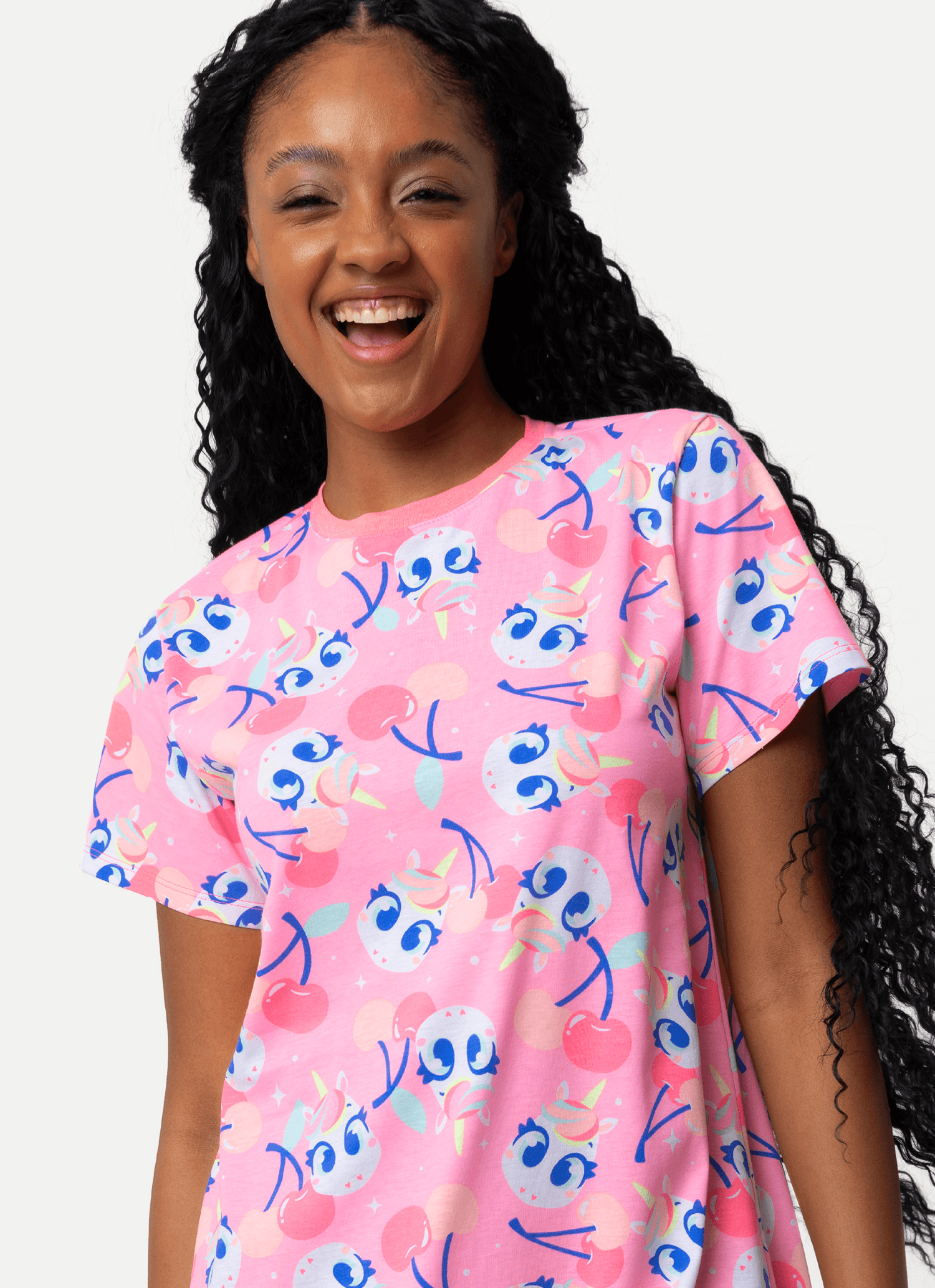 Camisola-Manga-Curta-Algodao-Feminina-Unicornio-Frutas