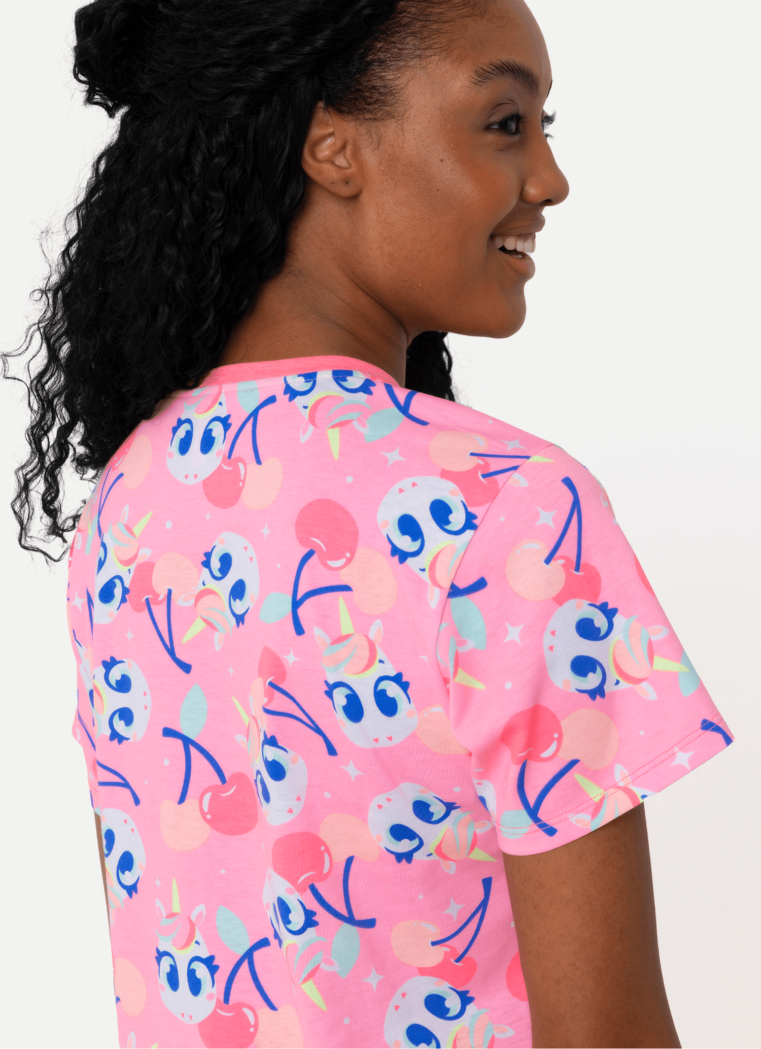 Camisola-Manga-Curta-Algodao-Feminina-Unicornio-Frutas