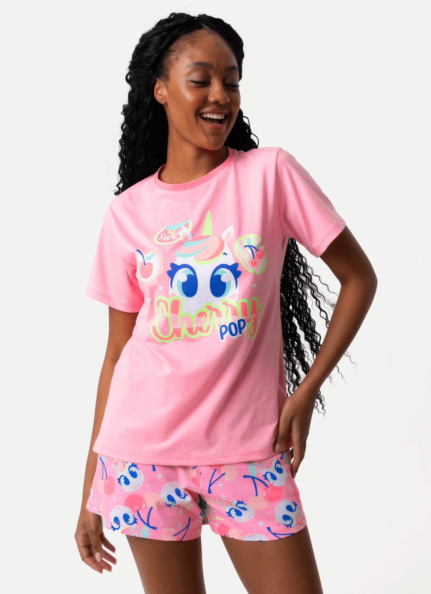 Pijama-Manga-Curta-Feminino-Unicornio-Frutas