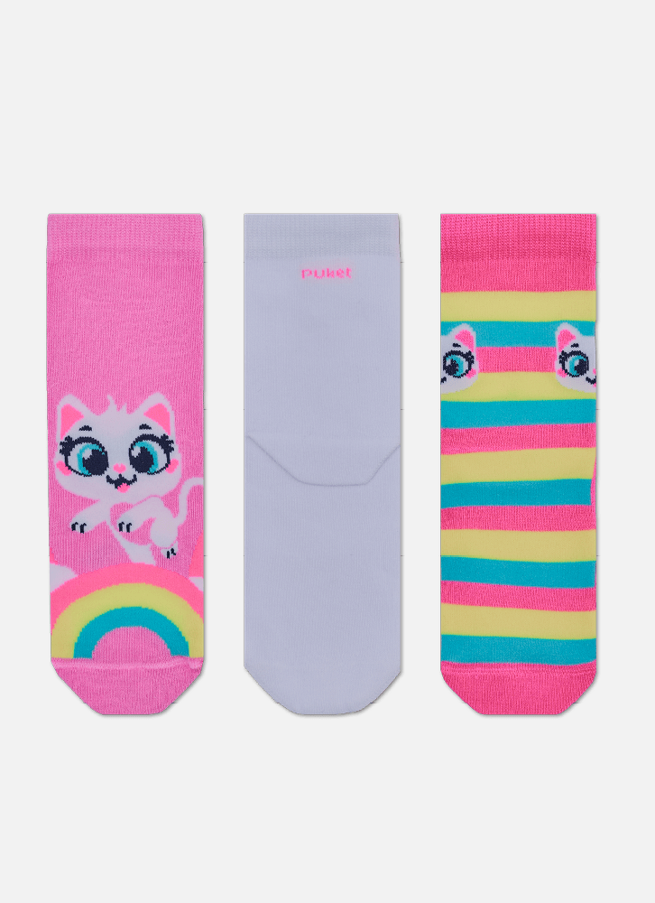 Kit-Com-3-Meias-Cano-Curto-Menina-Gata-Arco-iris
