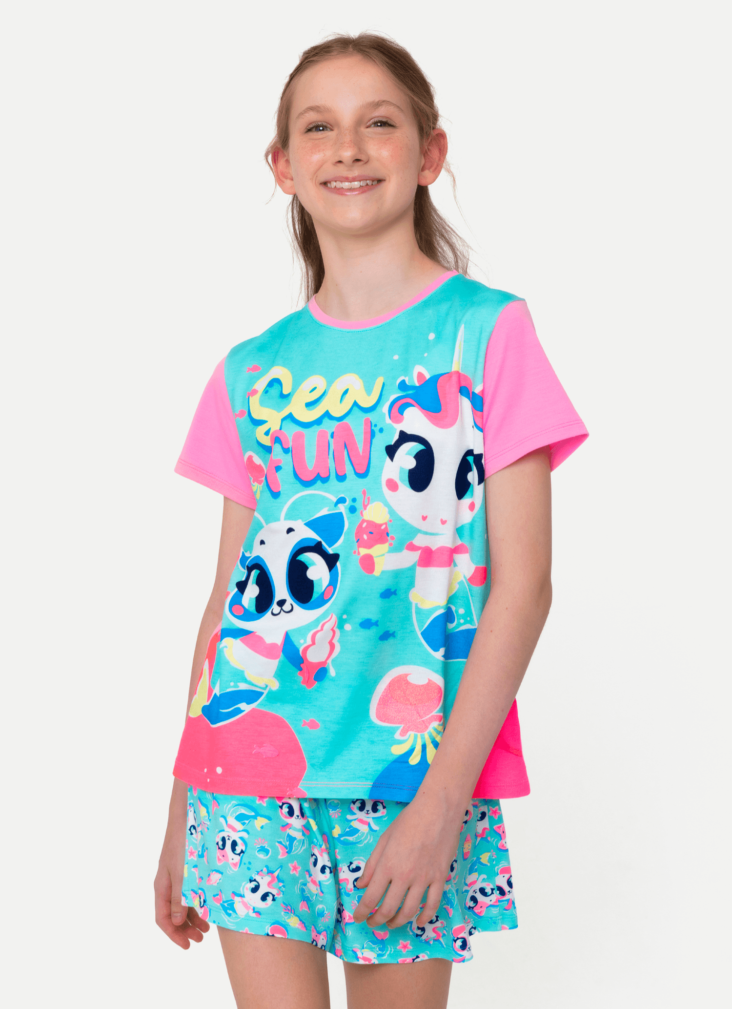 Pijama-Manga-Curta-Viscolycra-Menina-Teen-Multibichos-Sereia
