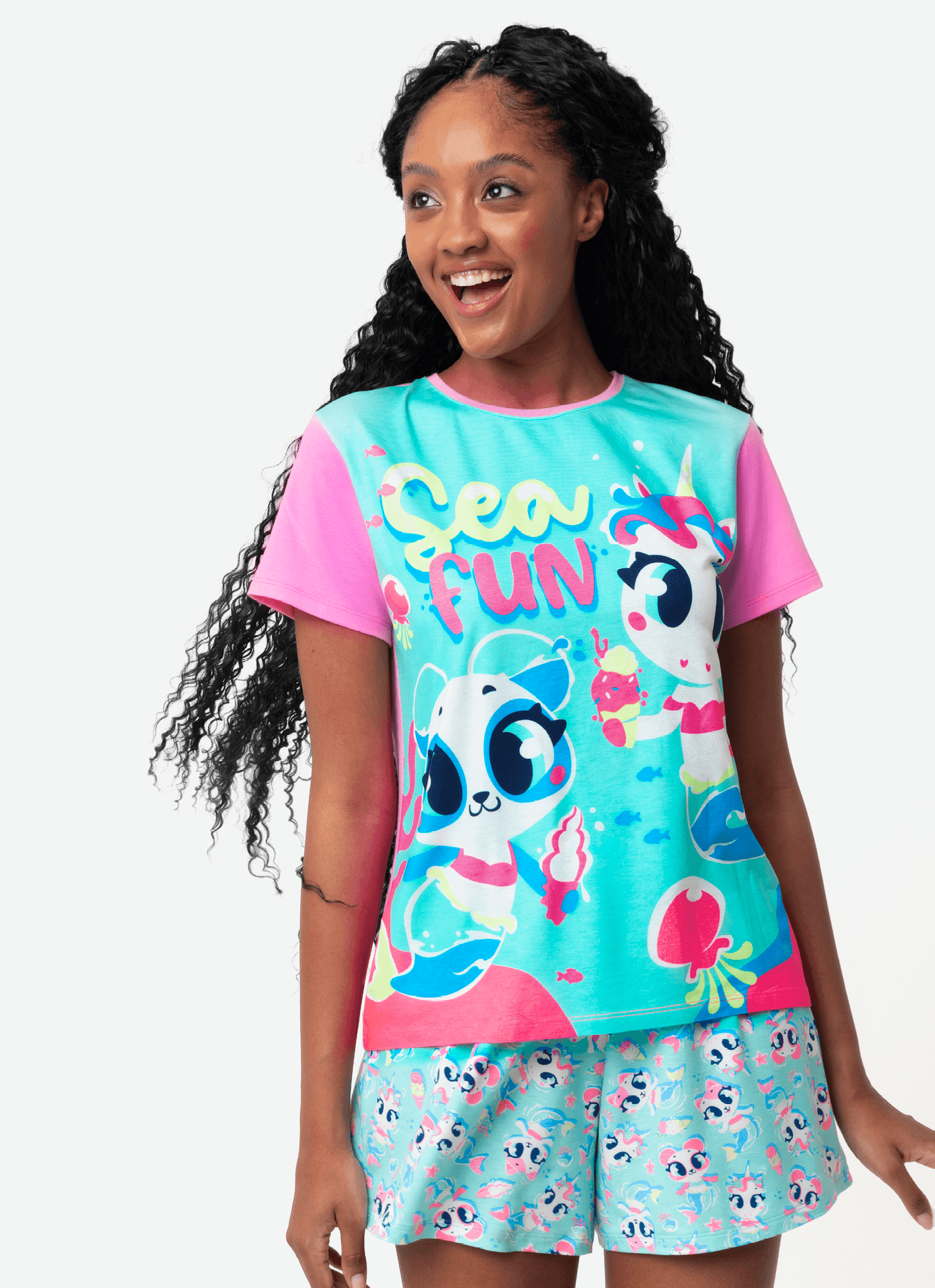 Pijama-Manga-Curta-Viscolycra-Feminino-Multibichos-Sereia
