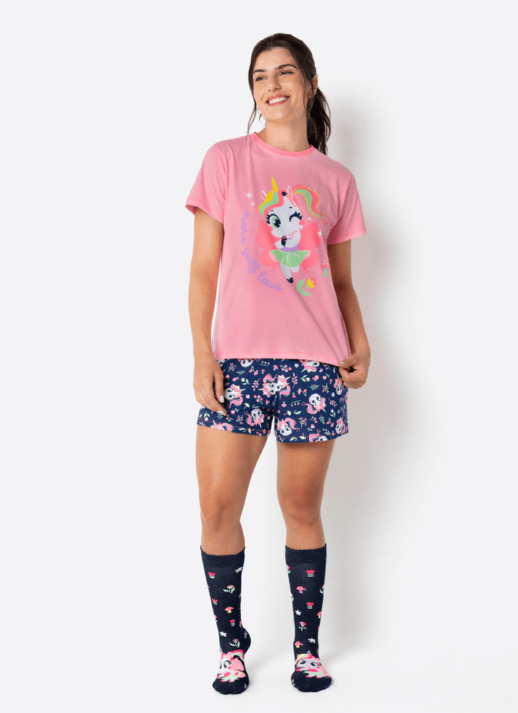 Pijama-Manga-Curta-Algodao-Feminino-Unicornio-Encantada