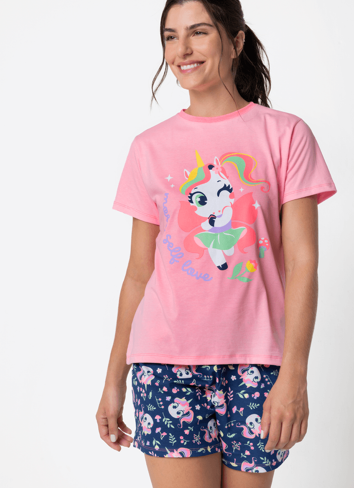 Pijama-Manga-Curta-Algodao-Feminino-Unicornio-Encantada
