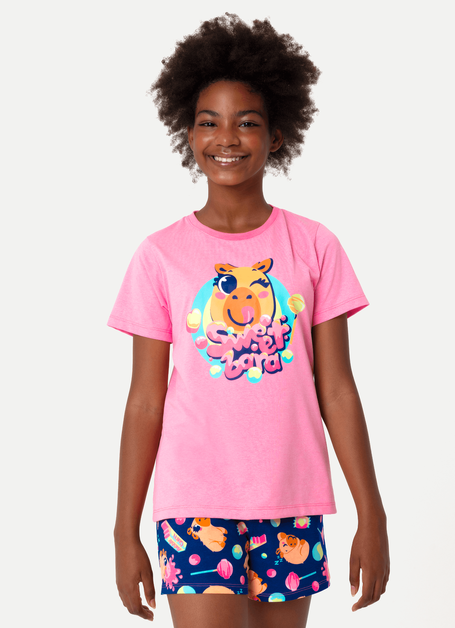 Pijama-Manga-Curta-Algodao-Menina-Teen-Capy-Chiclete