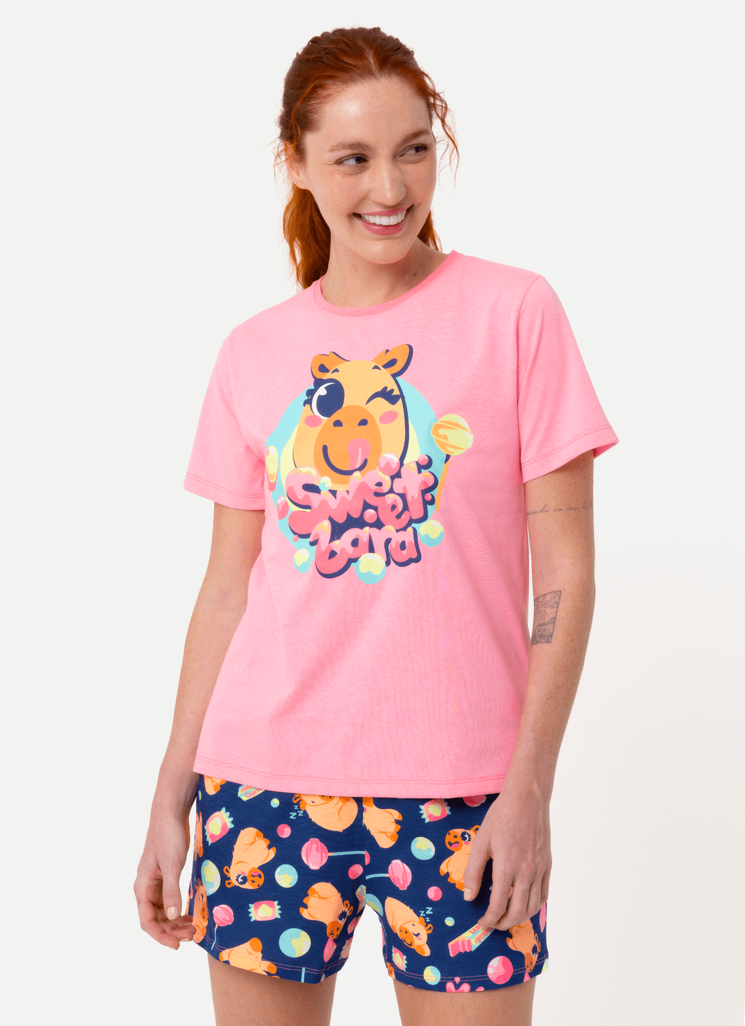 Pijama-Manga-Curta-Algodao-Feminino-Capy-Chiclete