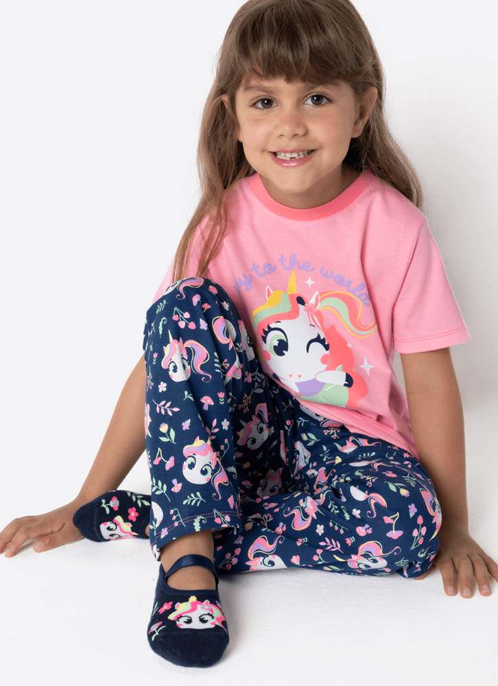 Pijama-Manga-Curta-Algodao-Menina-Unicornio-Encantada