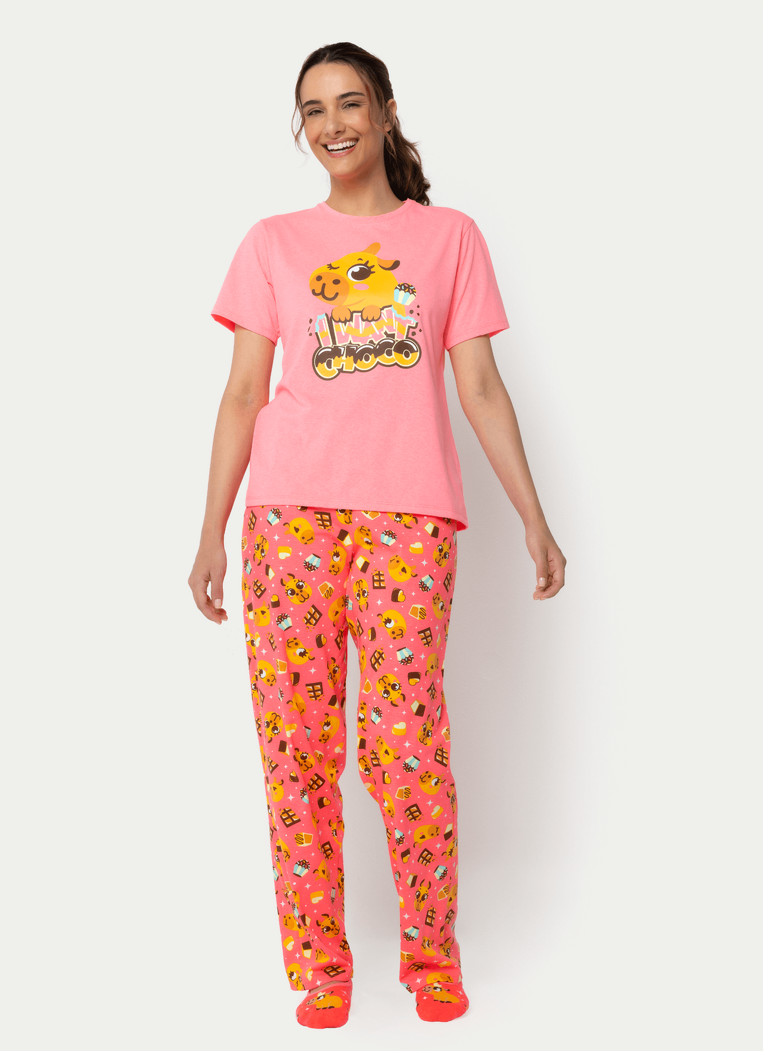 Pijama-Manga-Curta-Algodao-Feminino-Capivara-Chocolate