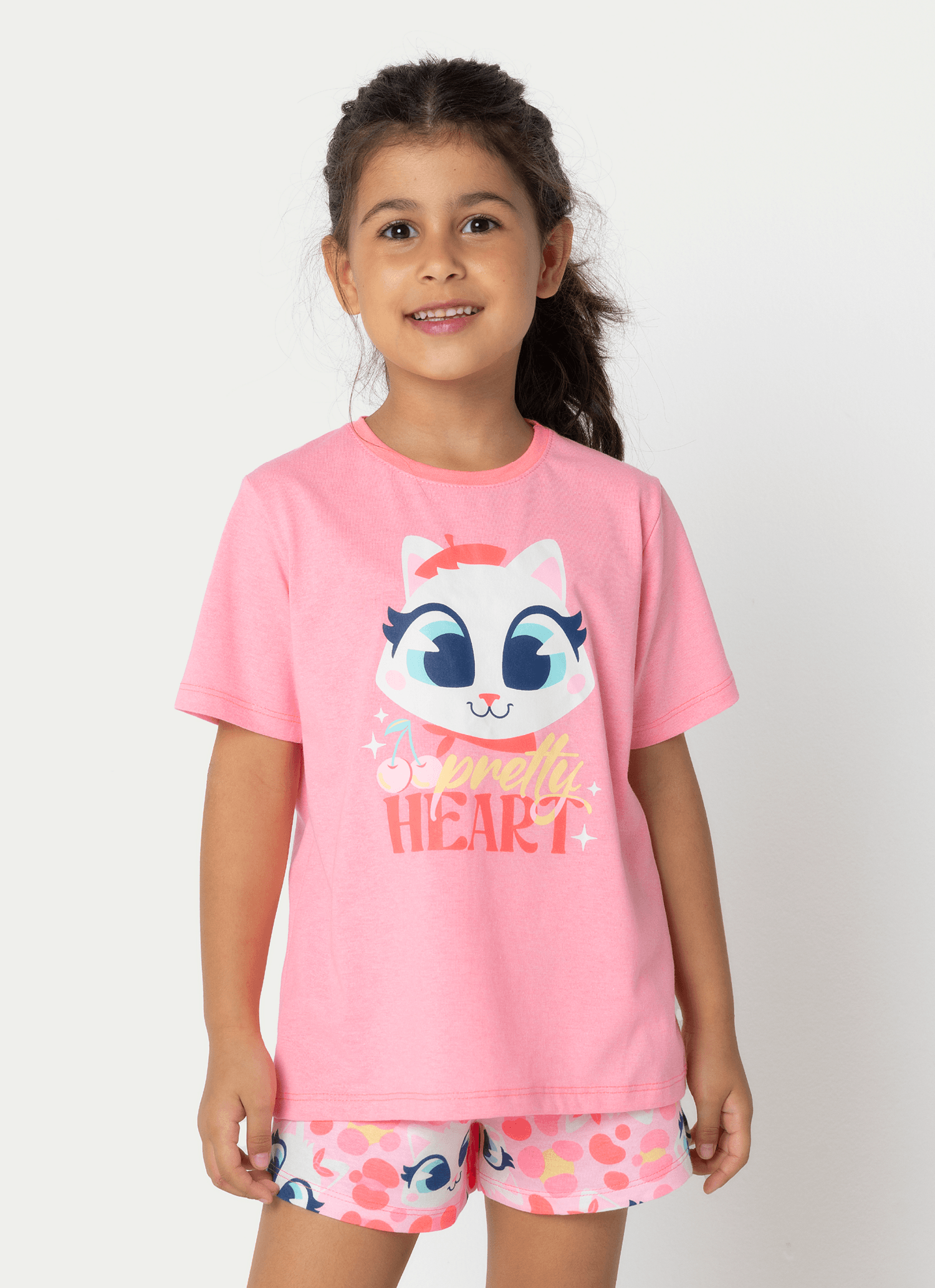 Pijama-Manga-Curta-Algodao-Menina-Gata-Cereja