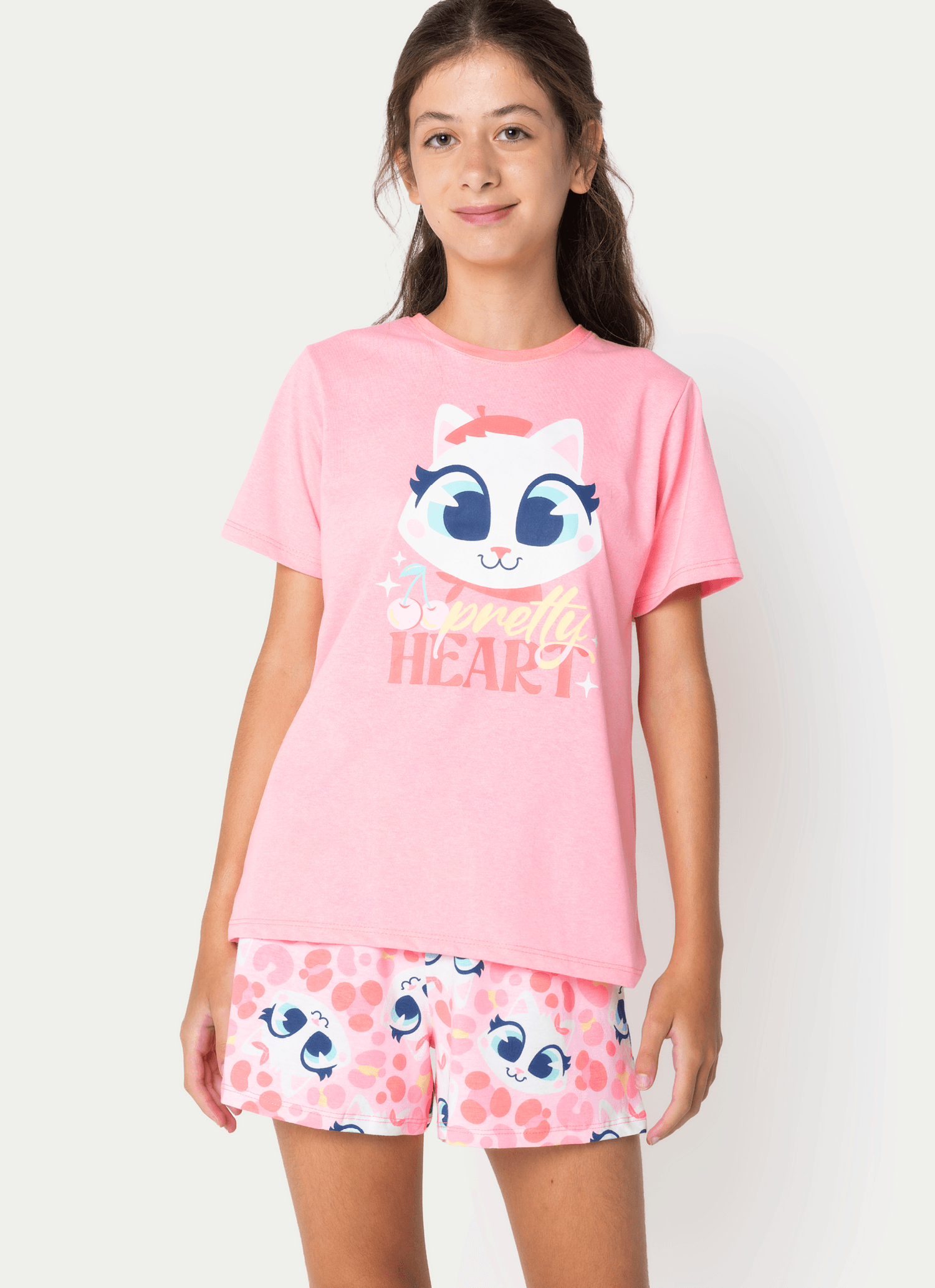 Pijama-Manga-Curta-Algodao-Menina-Teen-Gata-Cereja